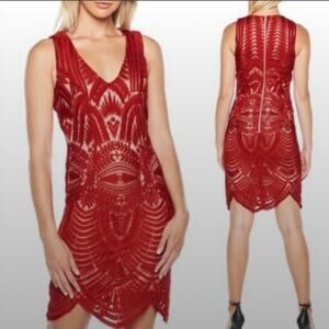 Bardot Sheath Mini Dress Womens 4 Red Lace Scalloped Cocktail Vampy Holiday Glam